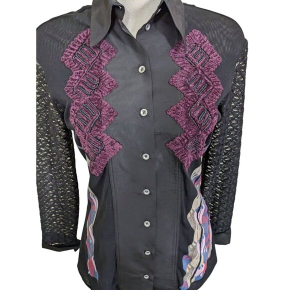 Save The Queen Womens Button Up Shirt Blouse Top Large Black Artsy Avant Garde - Picture 3 of 11